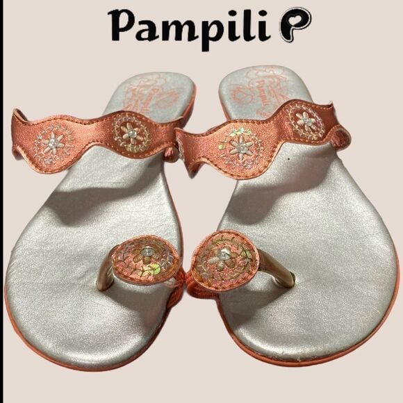 Pampili Melon Metallic Thong Sandals 13 - Picture 2 of 5